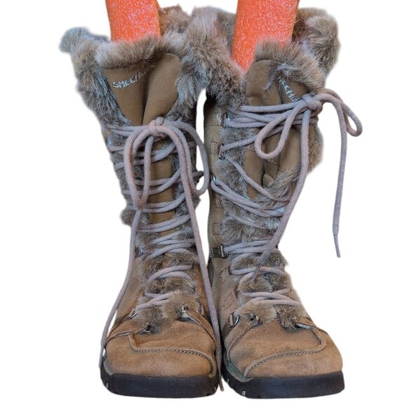 Skechers Originals Women's 5.5 Brown Leather Boots Faux Fur Side Zip Lace Ups - Picture 3 of 6